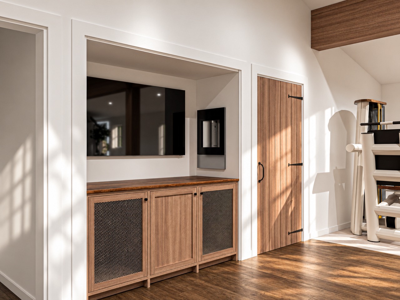Glen Cove gym — integrated media cabinet