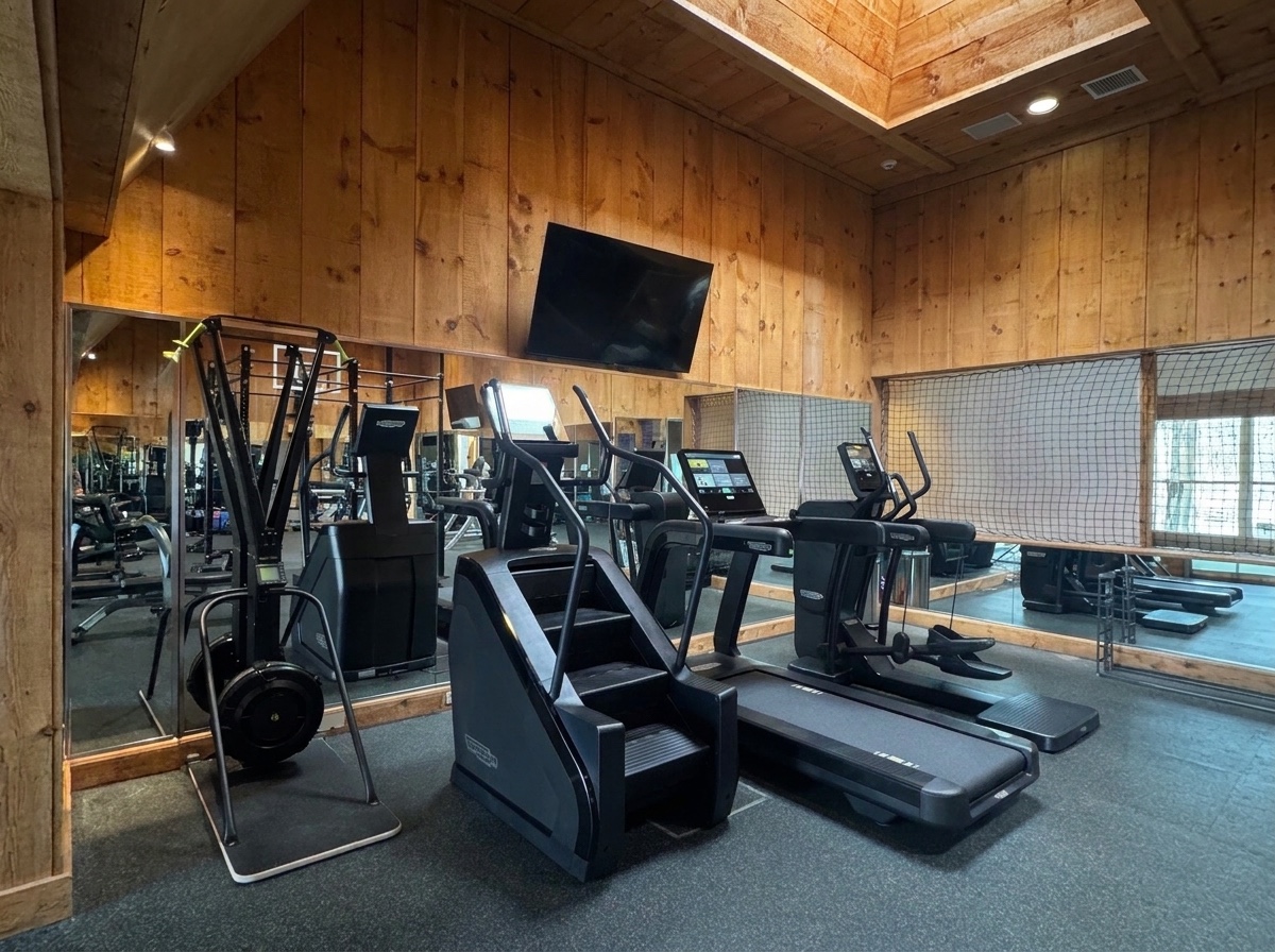 Sands Point home gym cardio lineup with the SkiErg at left